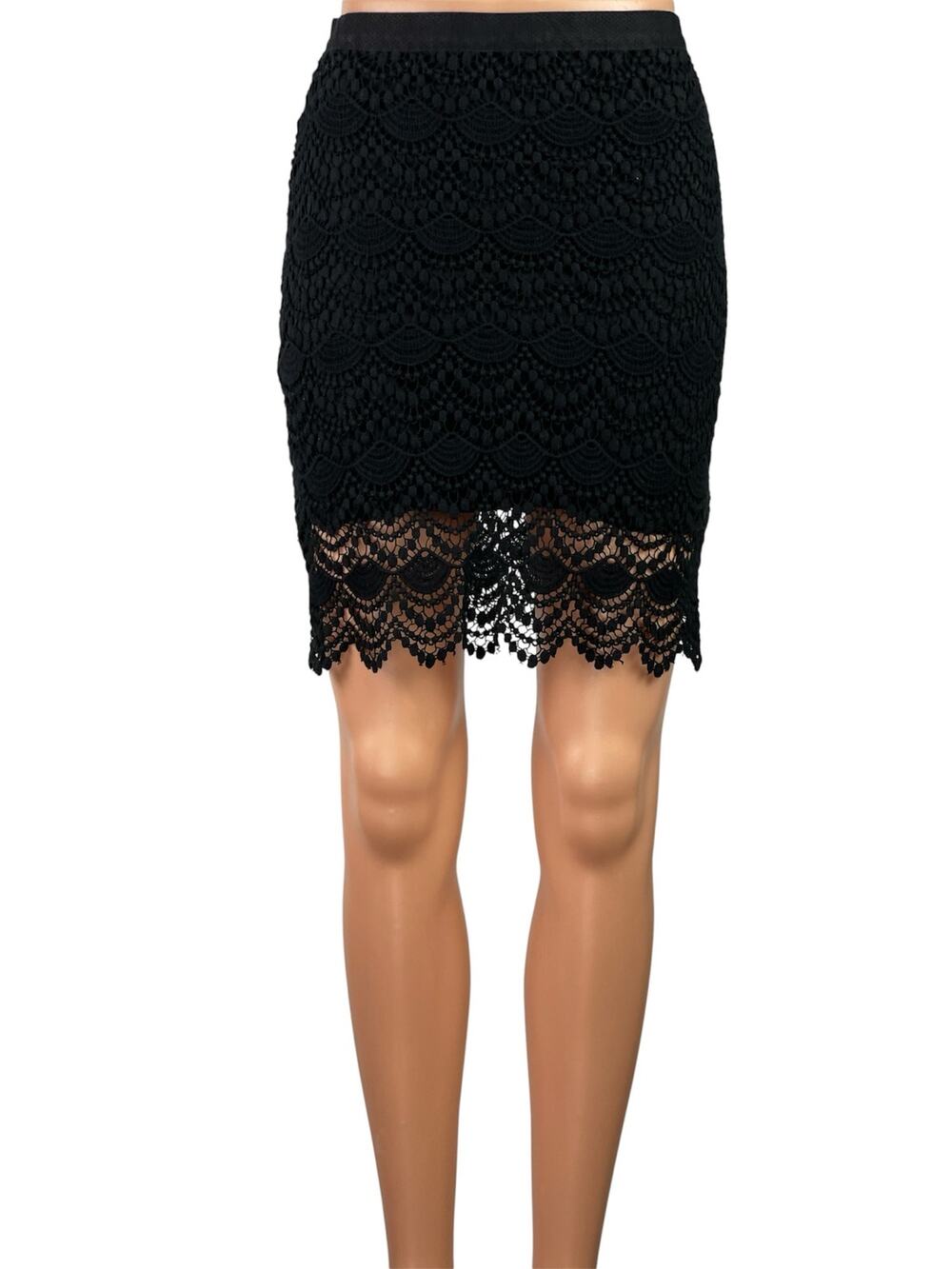 MNG Mango Suit Black Crochet Lace High Waisted Zipper Mini Pencil Skirt Size XS